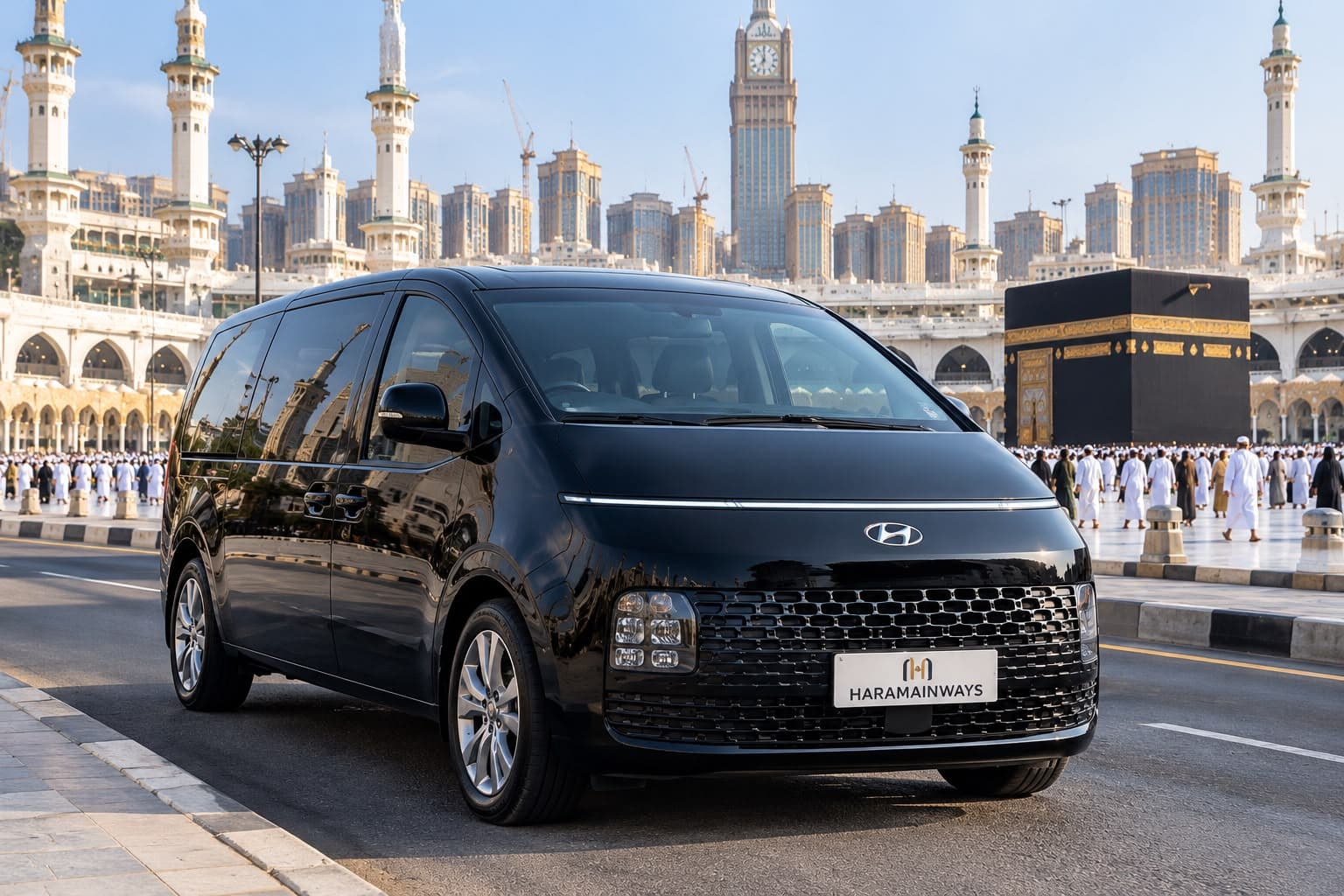 Black Hyundai Staria 2022 passenger van for Haramain transport
