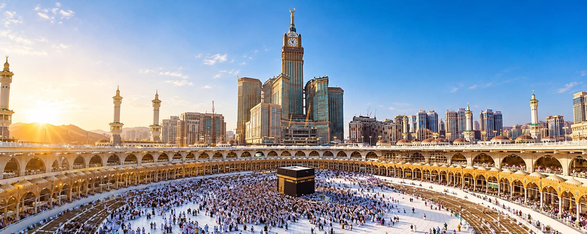Masjid al-Haram and the Makkah Royal Clock Tower at sunset