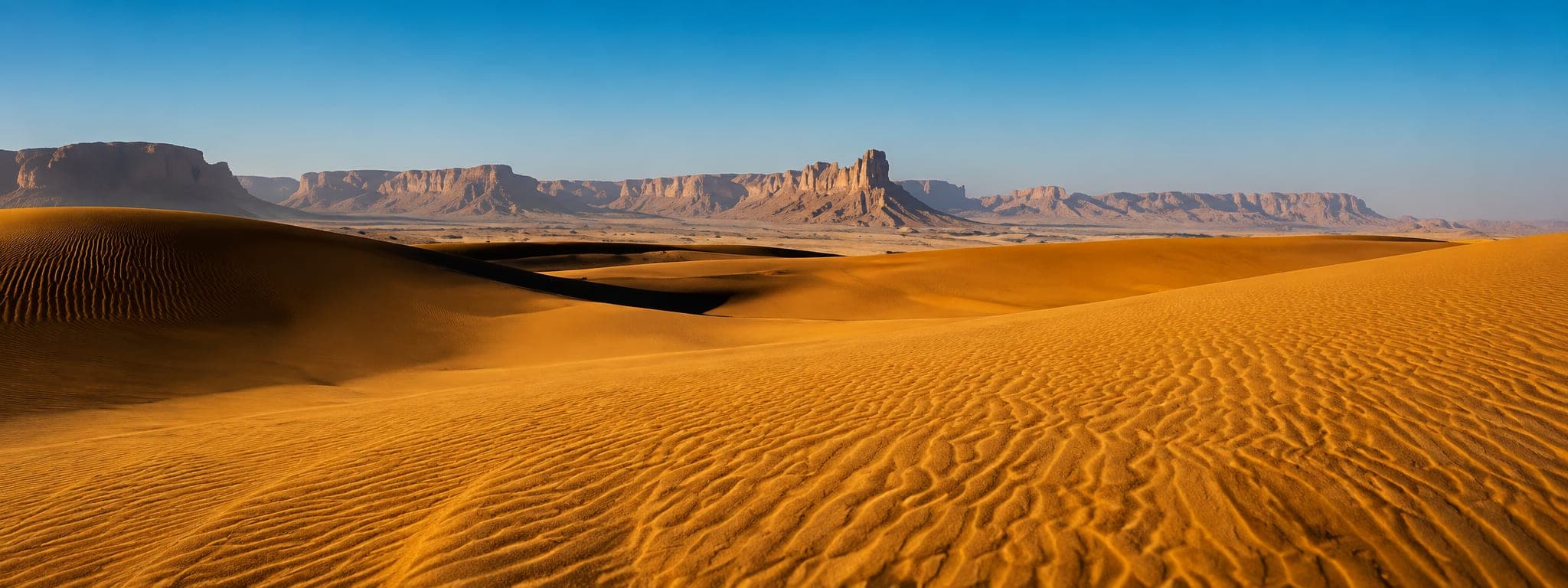 Golden desert dunes and sandstone cliffs in Saudi Arabia